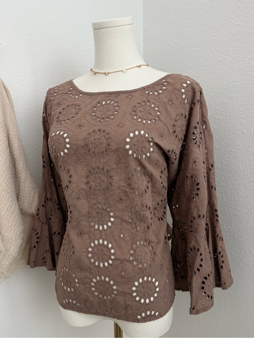 Women's Brown Eyelet Bell-Sleeve Blouse